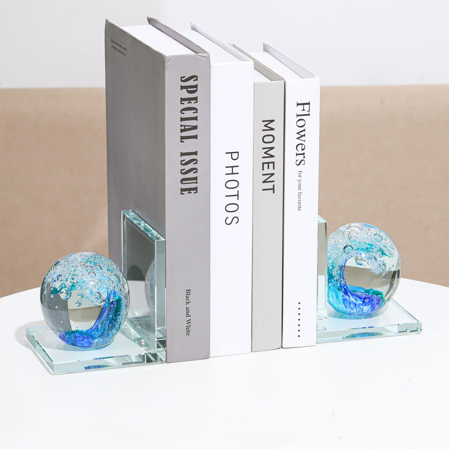 Arikyrist 1 Pair Crystal Bookends for Heavy Books with Hand Blown Ocean Waves Ball Glass Decorative Non Skid Bookends for Bookshelf Office Home (Dark Blue and Dark Green)