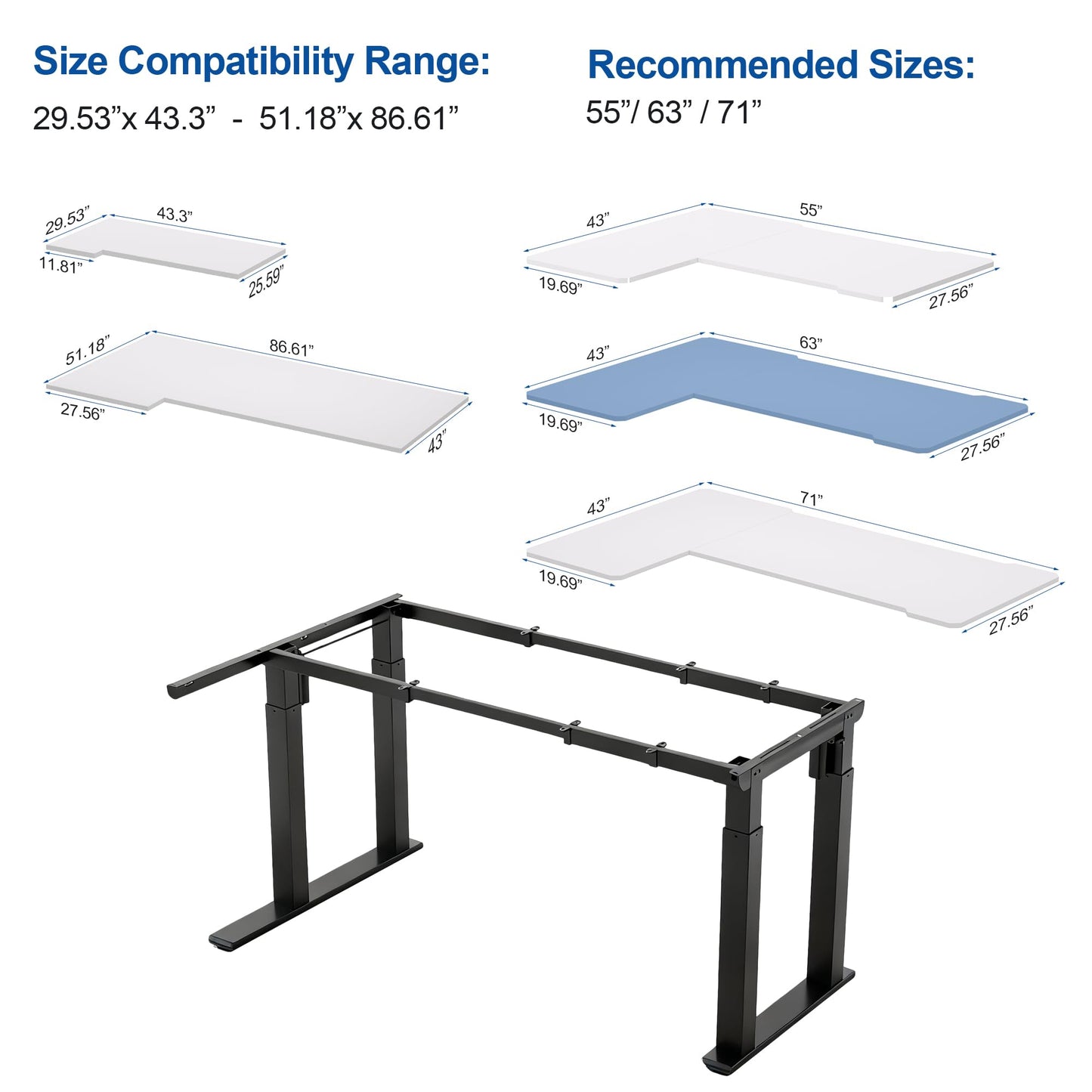 4-Leg L-Shape Standing Desk Frame Dual Motor, Electric Corner Legs Compatible Desktop Size 55″-71″, 264 lbs Weight Capacity, Anti-collision Detection Stand Up Desk Frame Workstation, Black Frame Only