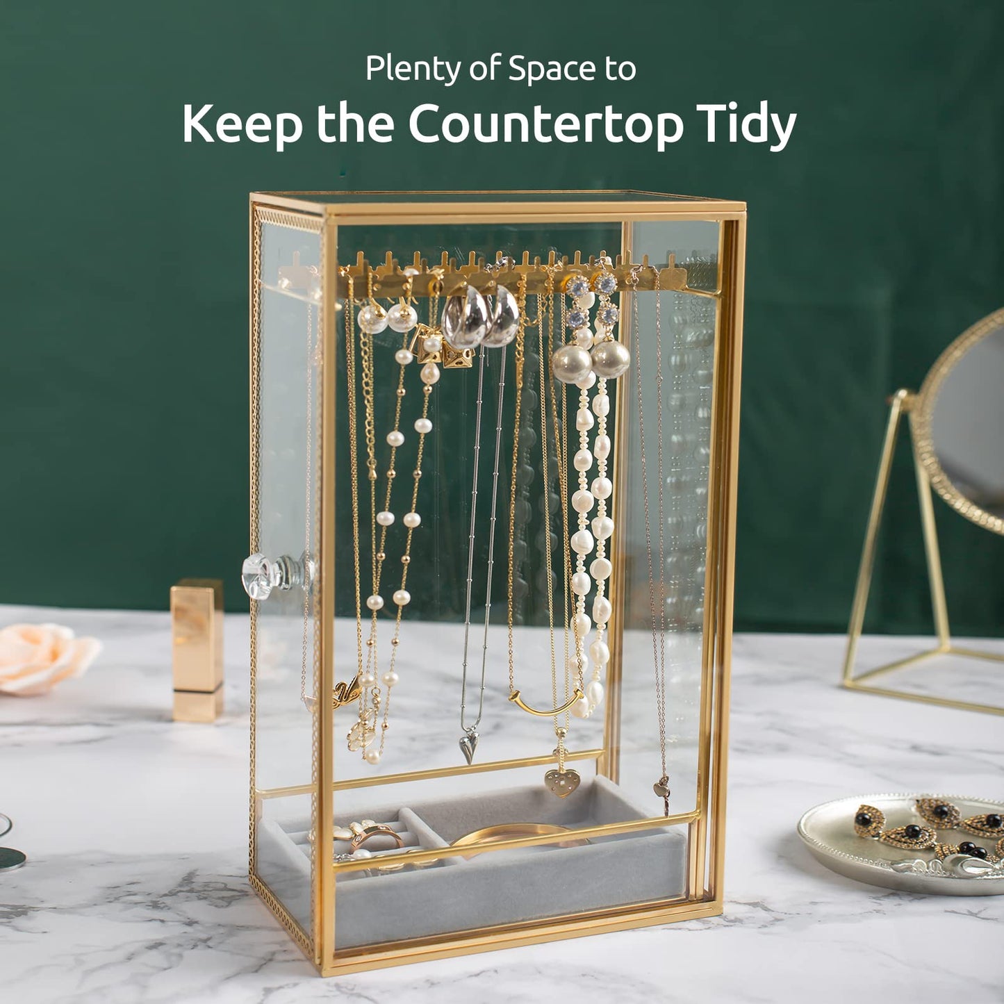 Glass Necklace Organizer Holder, Jewelry Organizer Necklace Holder with Hanging Hooks, Glass Necklaces Display Case for Storage Rings Earrings