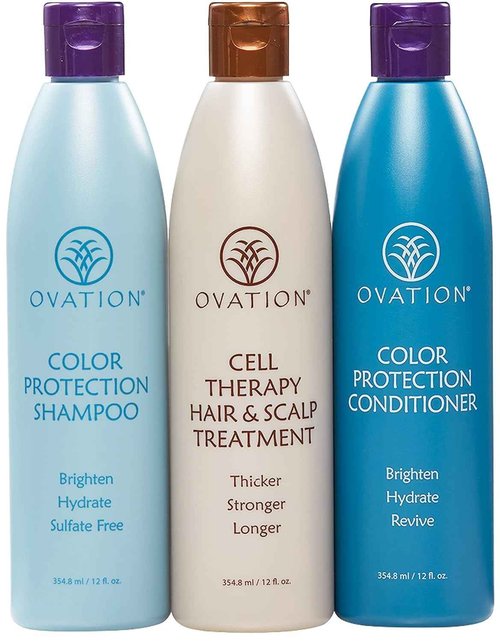 Ovation Hair 3-Step Bundle for Color-Treated Hair - with Color Protection Shampoo and Conditioner, Cell Therapy Hair Growth & Healthy Scalp Treatment - Brighten & Hydrate for More Vibrant Shiny Hair