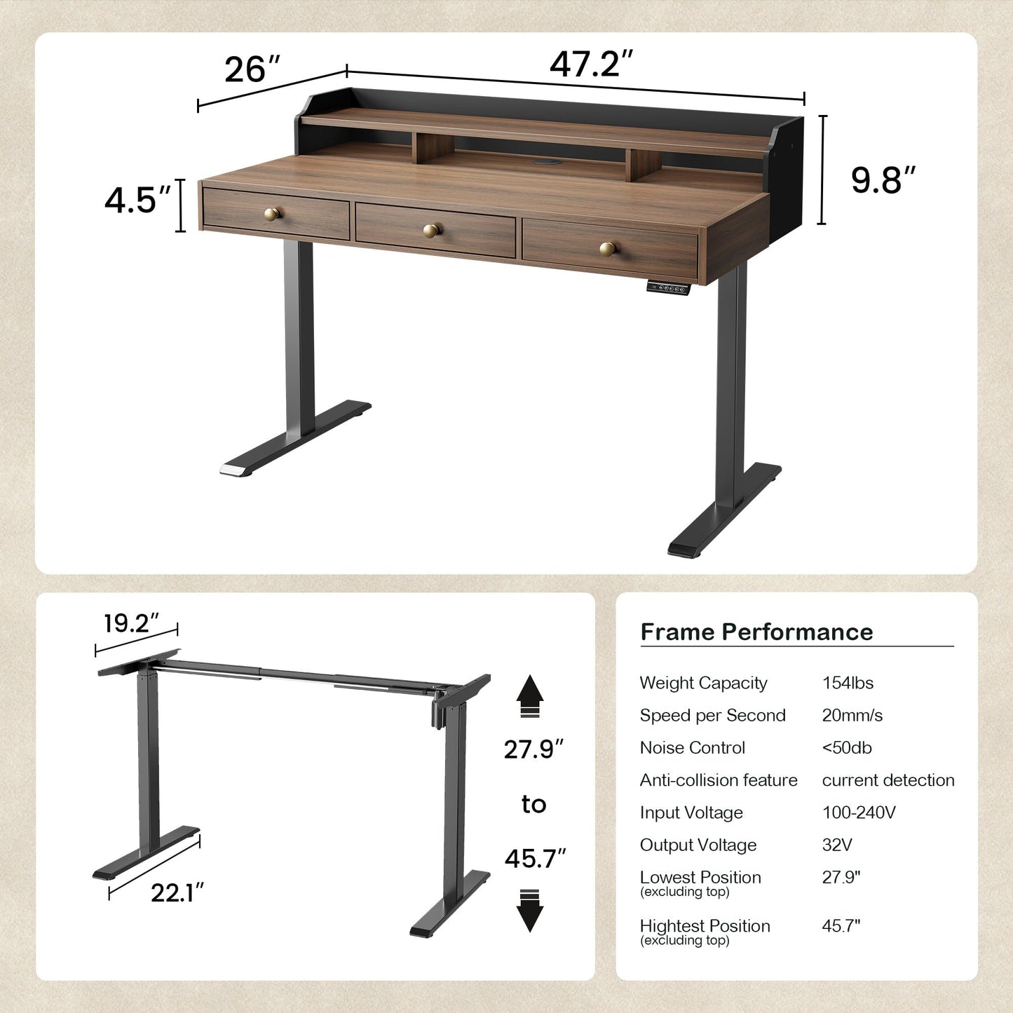 ModernMate Standing Desk with 3 Drawers, 47.2 x 26 Inches Height Adjustable Desk with Monitor Shelf, Electric Stand Up Table with Storage for Home and Office, Black Walnut