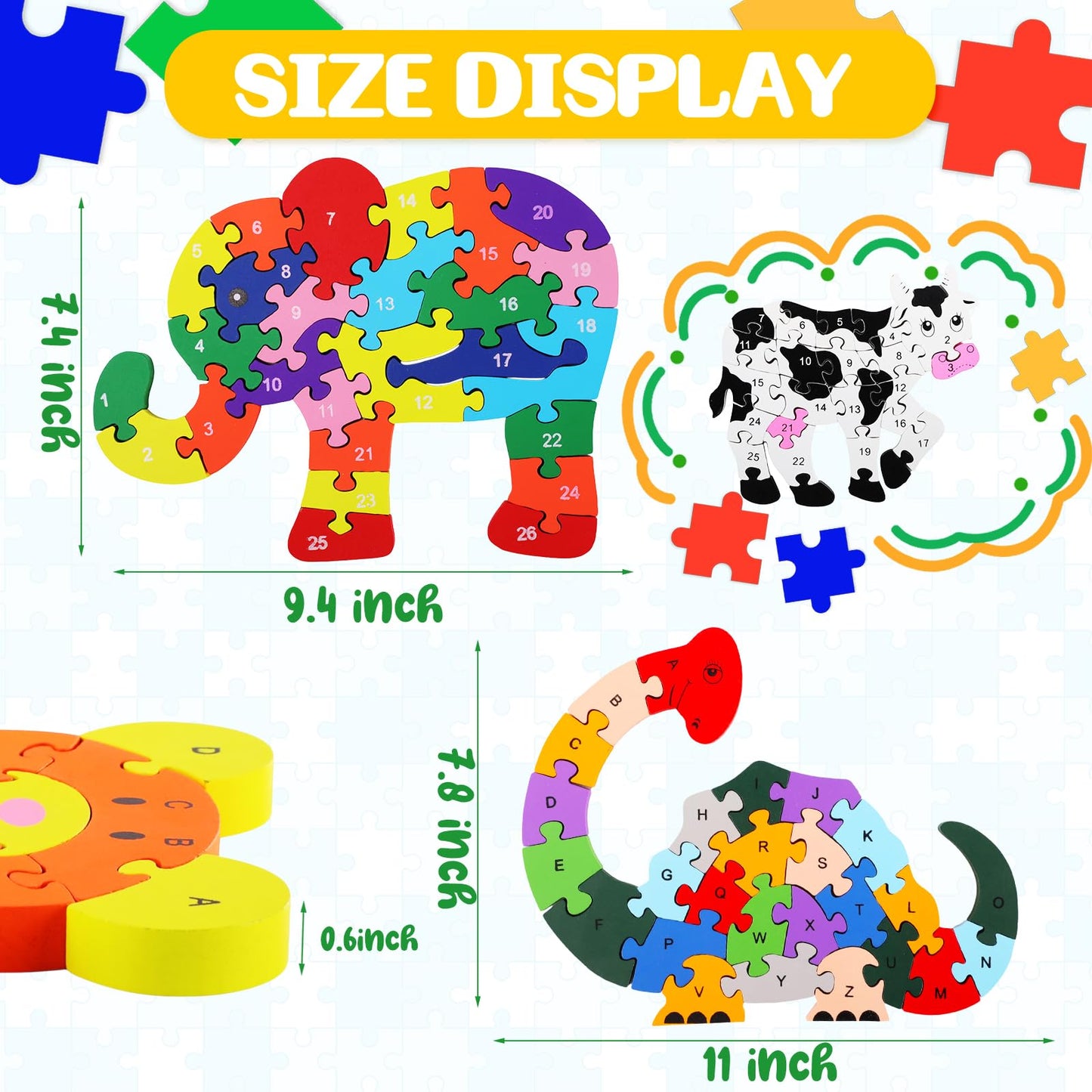 Yunsailing 4 Pcs Alphabet Jigsaw Puzzle Wooden Blocks Toys Alphabet Educational Toddler Puzzle Toys for Preschool Learning Party Favor Gift Learning(Elephant, Bear, Dinosaur, Cow)