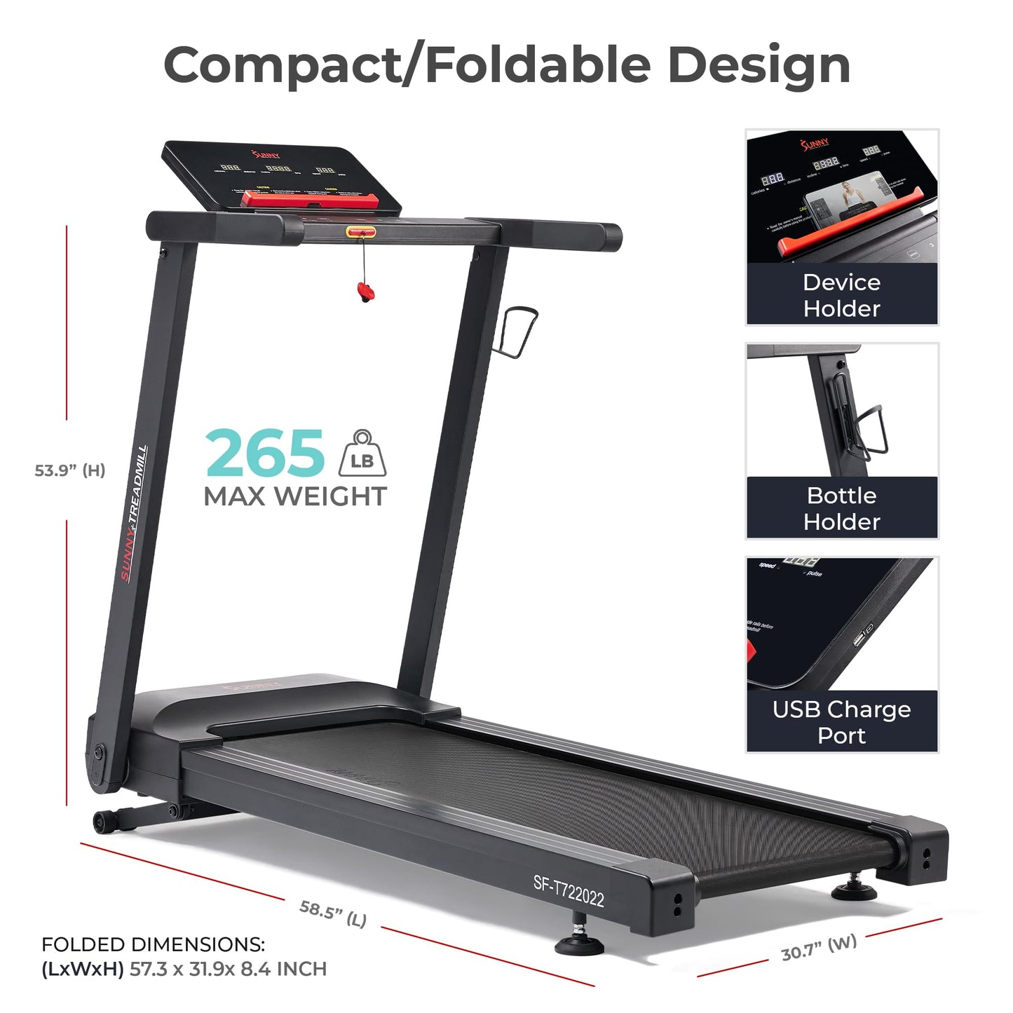 Sunny Health & Fitness Interactive Slim Folding Treadmill with Quiet Brushless, Shock Absorption, Digital Monitor, Free SunnyFit App Bluetooth Connectivity, Optional 12-Level Auto Incline