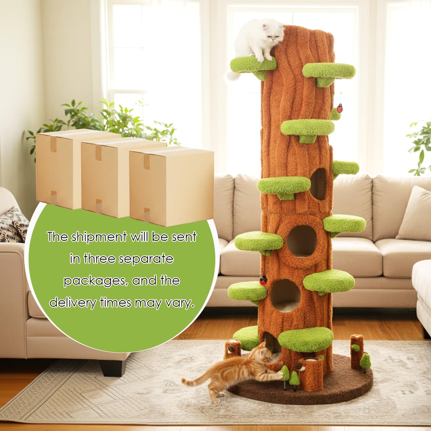 NUNU LAB 90.5 Inch Tall Cat Tree - Large Magic Forest Cat Tree Tower with Sisal Scratching Posts, Side Hideout & Platforms, Multi-Level Solid Wood Cat Condo with for Multi-Cat Homes (Large Green)
