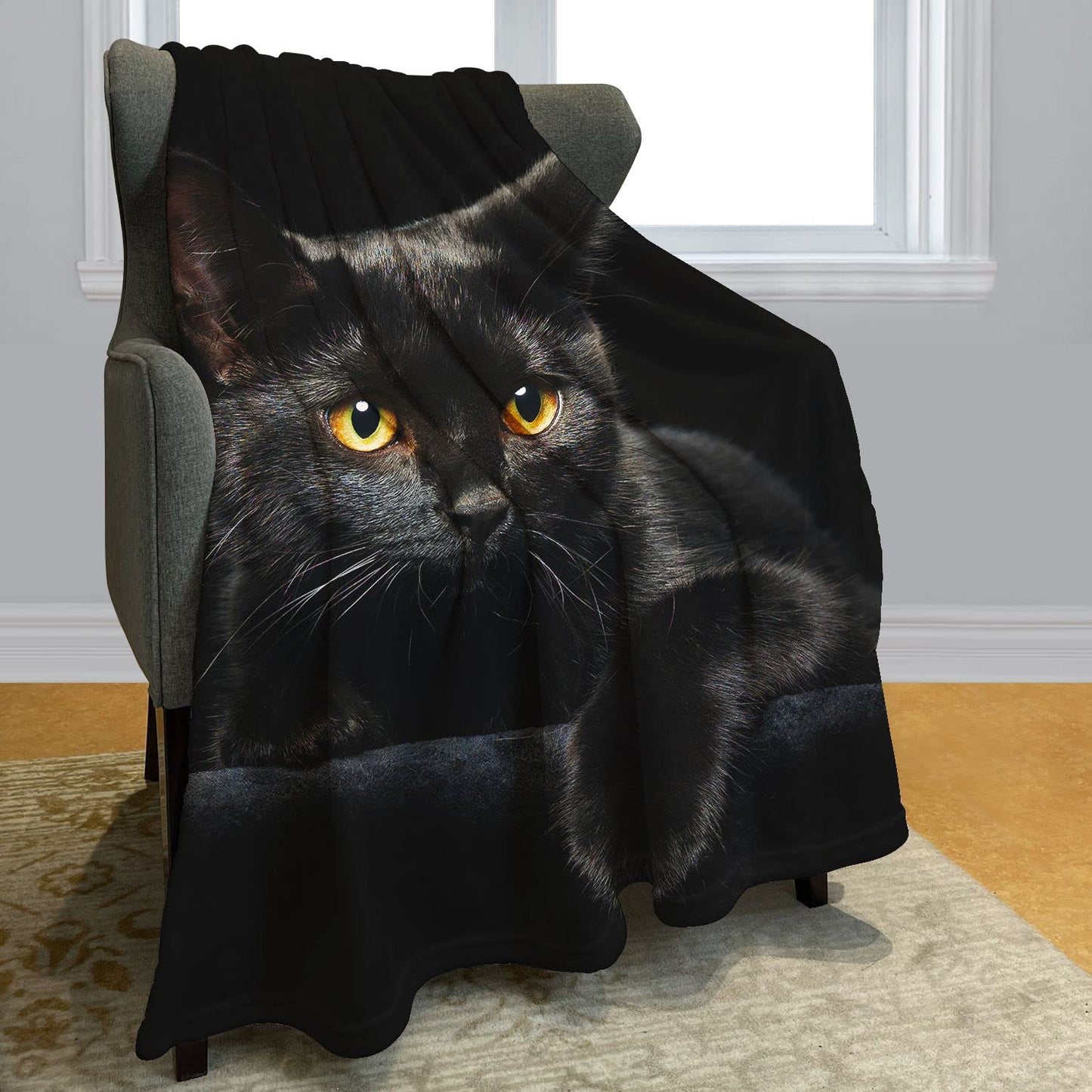 YISUMEI Black Cat Throw Blanket Modern Black Decorative Big Eyes Black Cat Fleece Blanket Soft Warm Cozy for Kids Adult Gifts 60"x80"