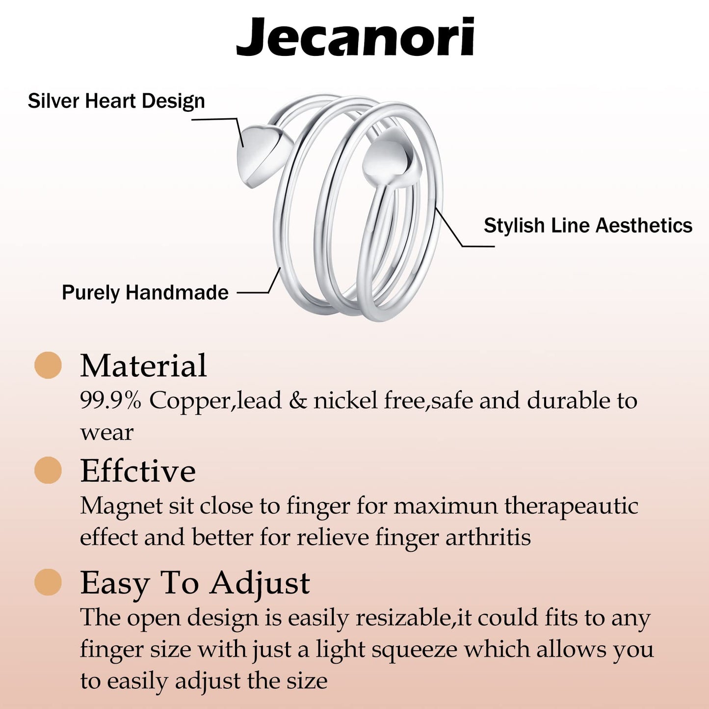 Jecanori 4PCS Copper Magnetic Rings for Women Men Magnetic Therapy for Arthritis Pain Relief Pure Copper Ring with 3500 Gauss Magnet,Lymphatic Drainage Therapeutic Magnetic Ring