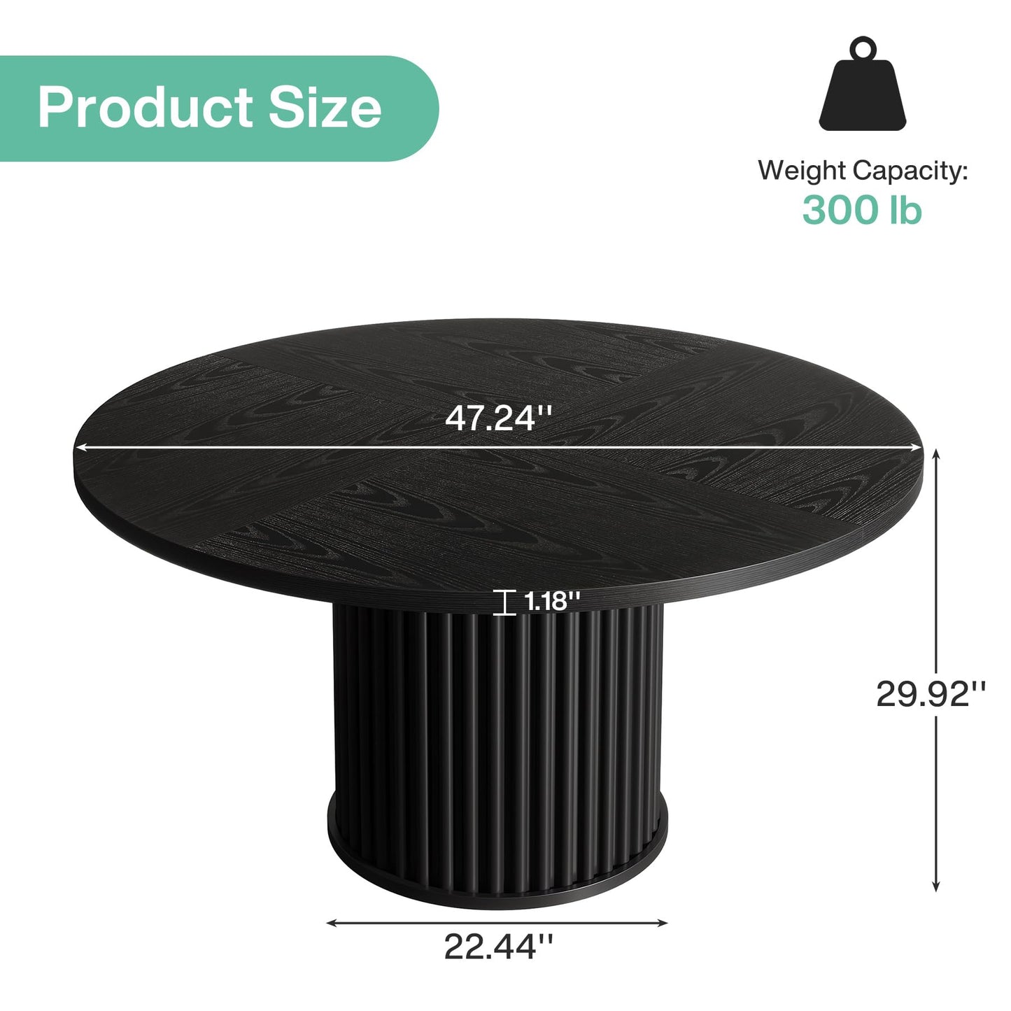 Tribesigns 47.24-Inch Black Round Dining Table for 4-6 People, Modern Fluted MDF + Metal Base Kitchen Table, Sturdy Circle Dining Room Furniture, Black