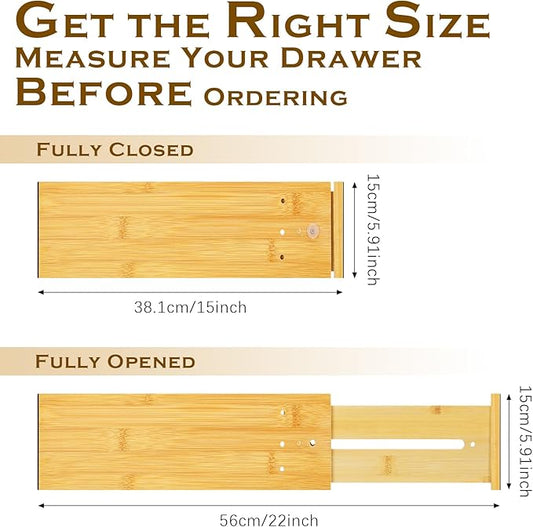 DoubleFill 4 Pcs Deep Bamboo Drawer Dividers, Deep Kitchen Dresser Drawer Organizer with Spring Loaded for Clothes, Adjustable Expandable from 15-22 Inch (Wood Color,6 Inch)