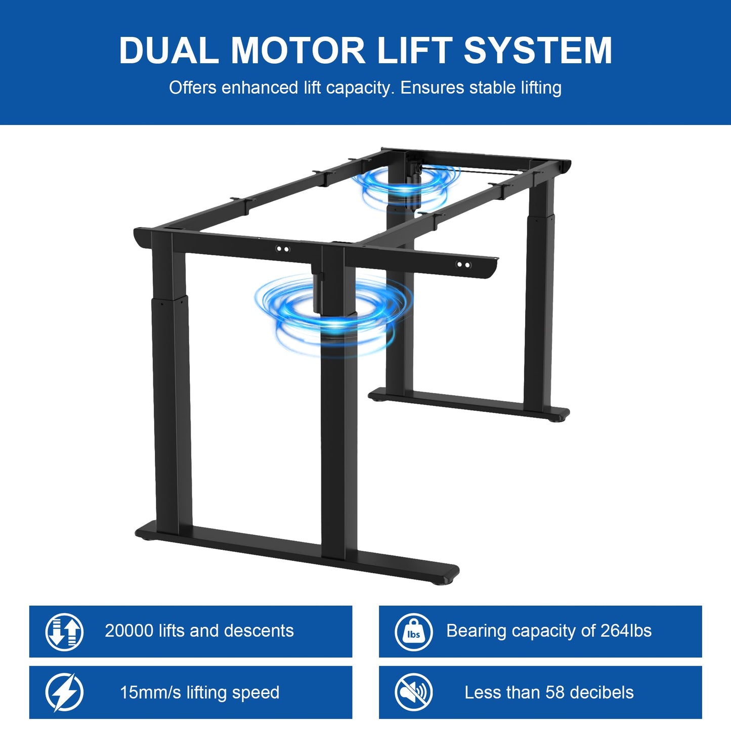 4-Leg L-Shape Standing Desk Frame Dual Motor, Electric Corner Legs Compatible Desktop Size 55″-71″, 264 lbs Weight Capacity, Anti-collision Detection Stand Up Desk Frame Workstation, Black Frame Only