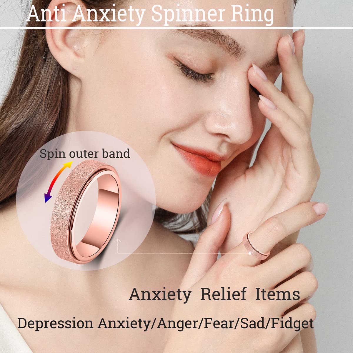 OreilleStar Anxiety Ring for Women Men Fidget Toys Adults Titanium Stainless Steel Fidget Spinner Ring 6mm Wide Band Cool Mood Rings Size 10 Rose Gold Hand Polished