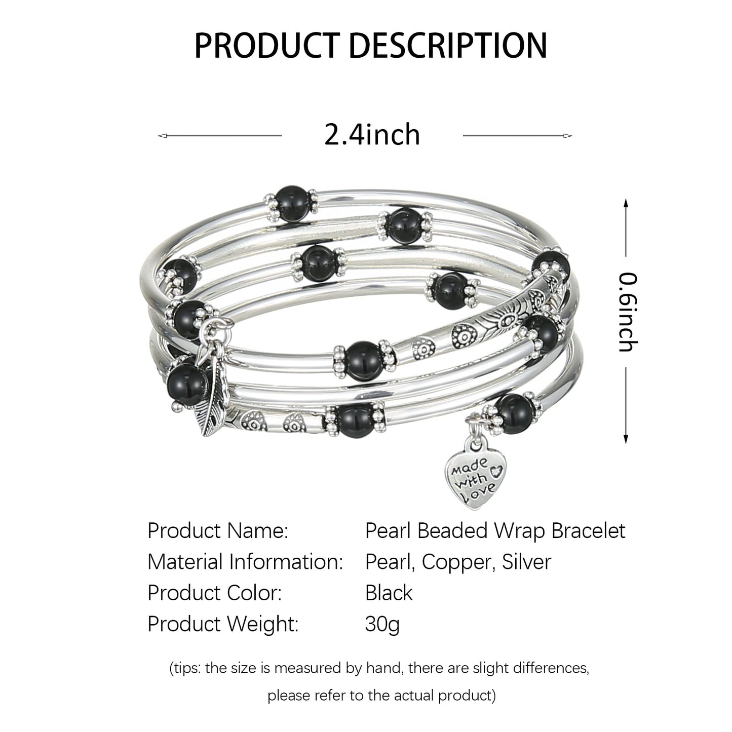 FULU AUTUMN Beaded Bangle Bracelets for Women Silver Wrap Bangles Bracelet Womens Costume Jewelry Fashion Gift(Pearl black)