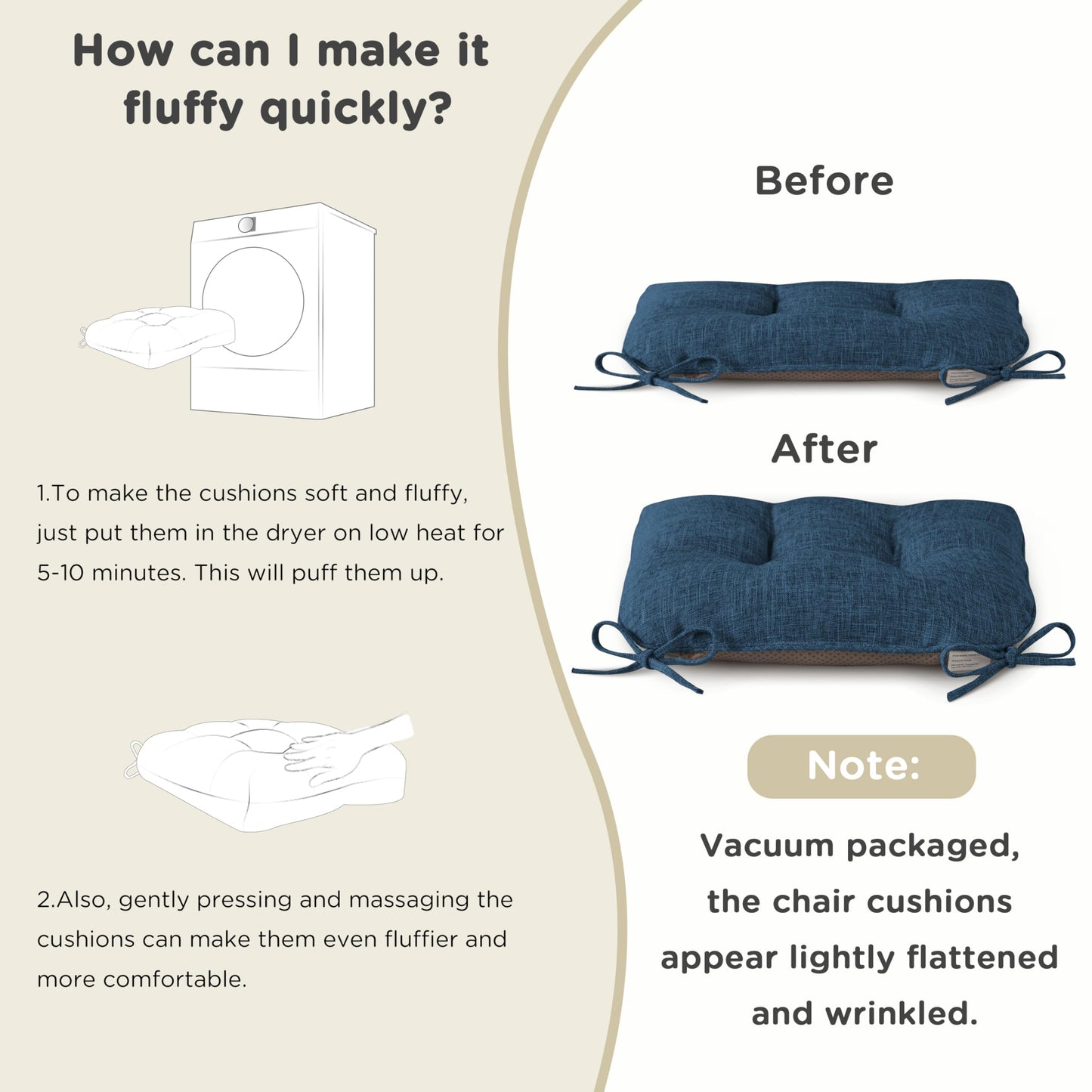 AddGrace Chair Cushions for Dining Chairs Set of 1 Kitchen Seat Cushions with Ties and Non Slip Backing Tufted Indoor Seat Pad for Kitchen Dining Room 18" x 17" x 3" Navy