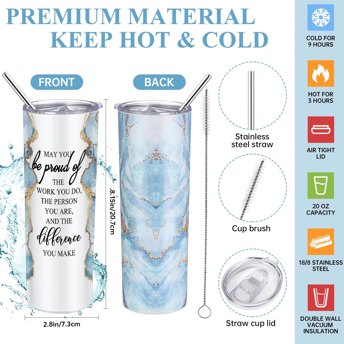 Domensi 6 Pcs Employee Appreciation Gift Set for Women Female Thank You Gift May You Be Proud 20 oz Rustic Marble Sign Tumbler Makeup Bag Journal for Nurse Lady Work Business(Blue)