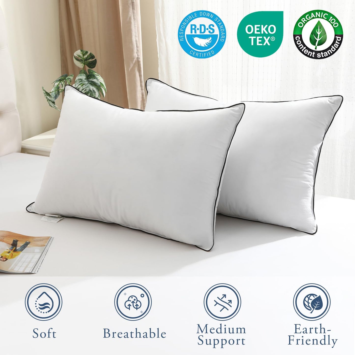 BPC Luxury Goose Feather Down Pillows Queen Size Set of 2, Hotel Bed Pillows for Sleeping, 100% Organic Cotton Cover, Soft Support Down Alternative Surround Fill for Side, Back and Stomach Sleepers