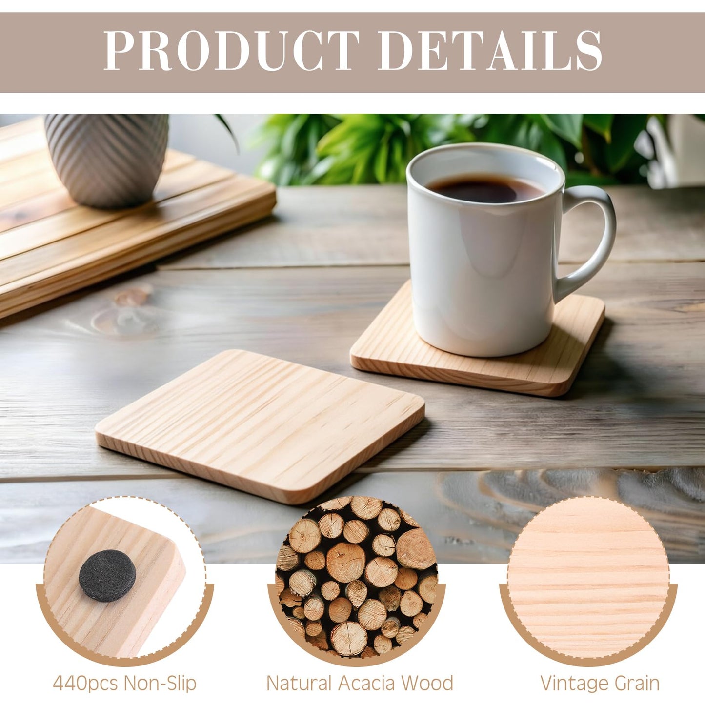 Acellegic 110 Pcs Unfinished Wood Coasters Bulk for Crafts, 4 Inch Blank Square Pine Wood Slices for Crafts with Non-Slip Dots for DIY Stained Painted Engraving Wedding Valentine Home Decoration