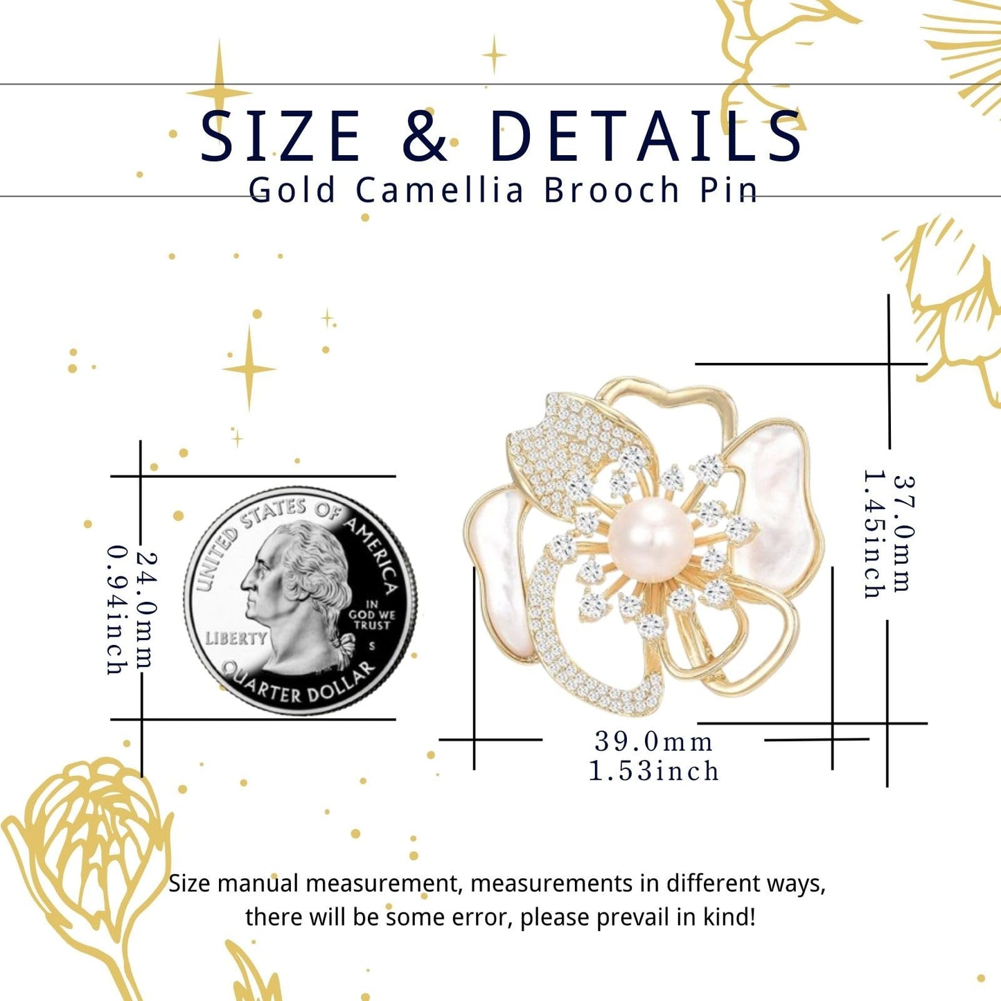 EMEGCY Gold Camellia Brooch 14K Gold Plated Camellia Flower Brooch Pin Pearl Camellia Lapel Pin Gold Flower Jewelry Dress Accessories for Women Birthday Christmas