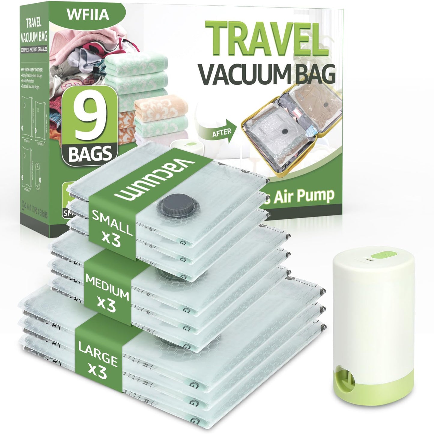 9 Packs Vacuum Bags for Travel with Rechargeable air Pump, 3 Sizes Vacuum Seal Bags for Clothing, Space-Saving Compression Storage Bags for Travel & Closet Organization