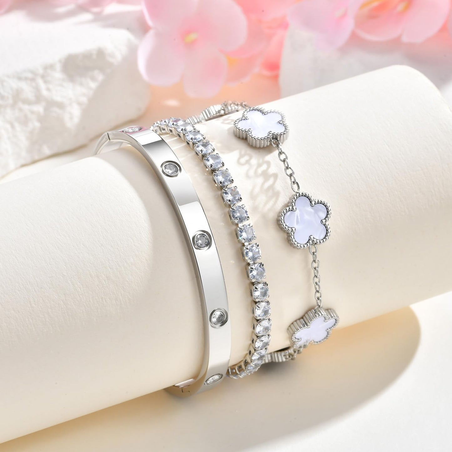 Womens Stackable Floral Silver Bracelets - 3Pcs Silver Sterling Bracelet,Stainless Steel Bangle Bracelets Non Tarnish, Stacked Bracelet Set Trendy Jewelry,Christmas Prom Birthday Gifts for Girlfriend