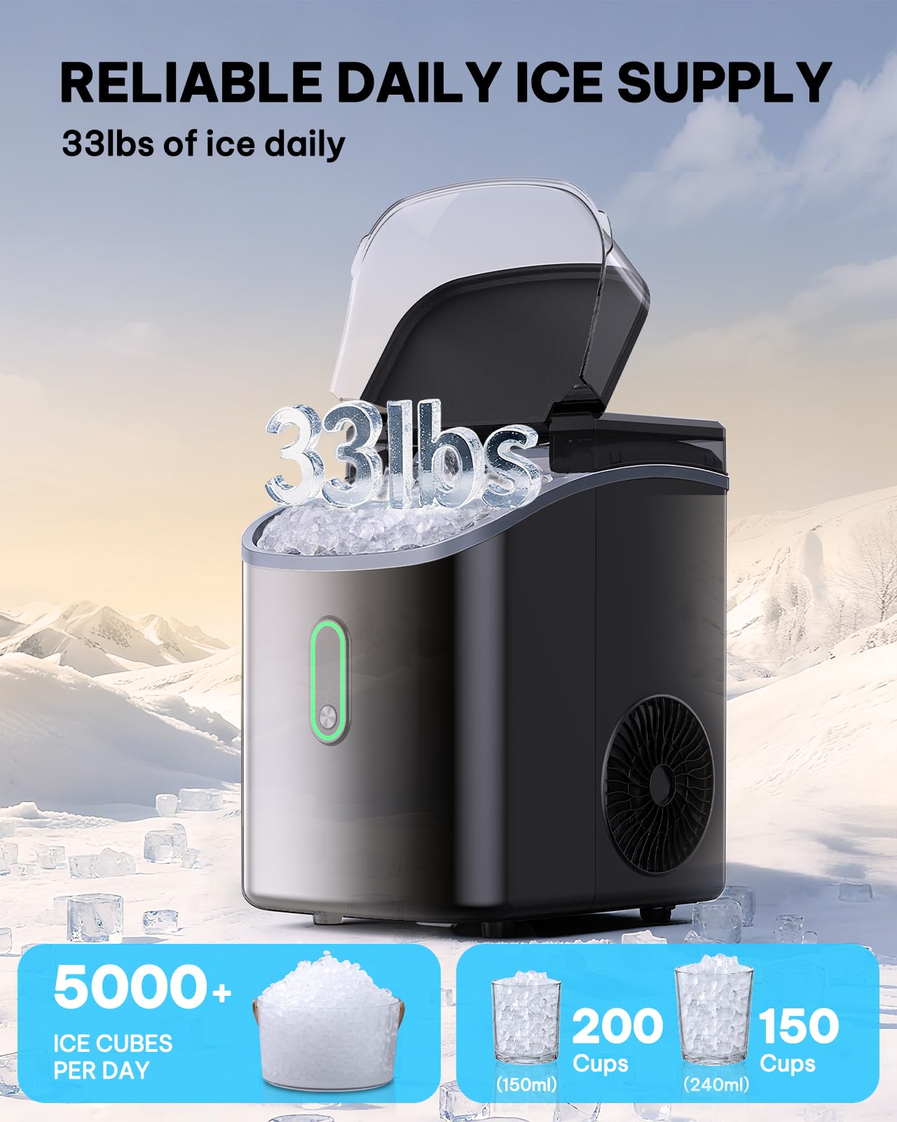 Silonn Nugget Ice Makers Countertop with Soft Chewable Ice, Portable Ice Machine with Crushed Ice, One-Click Operation Pebble Ice Maker with Self-Cleaning, 33lbs/24H for Home,Kitchen,Office