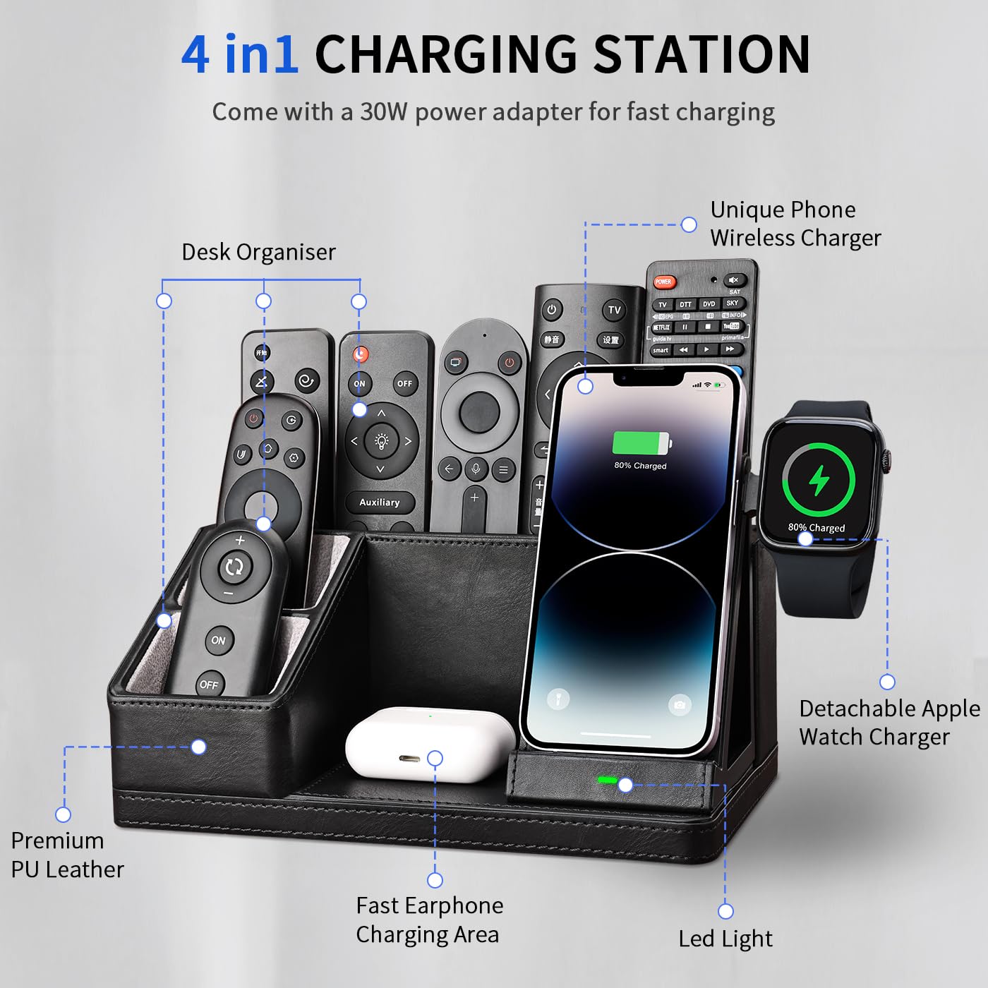 KINGFOM Leather Desk Organizer with Charging Station Multi-Functional Phone Pen Pencil Holder for Desk Desk Organizers and Accessories for Office Home Supplies (L)