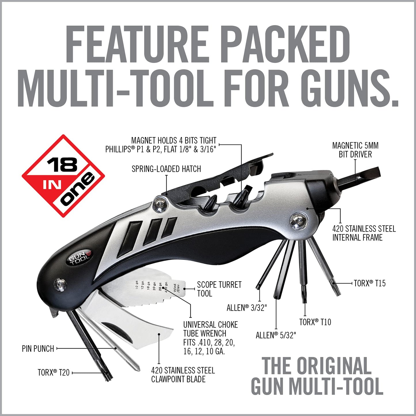 Real Avid Gun Tool - 18 in 1 Gunsmithing Shotgun & Rifle Multitool - Bit Driver, Torq Bits, Choke Tube Wrench, Allen Wrench, Scope & Punch Tool