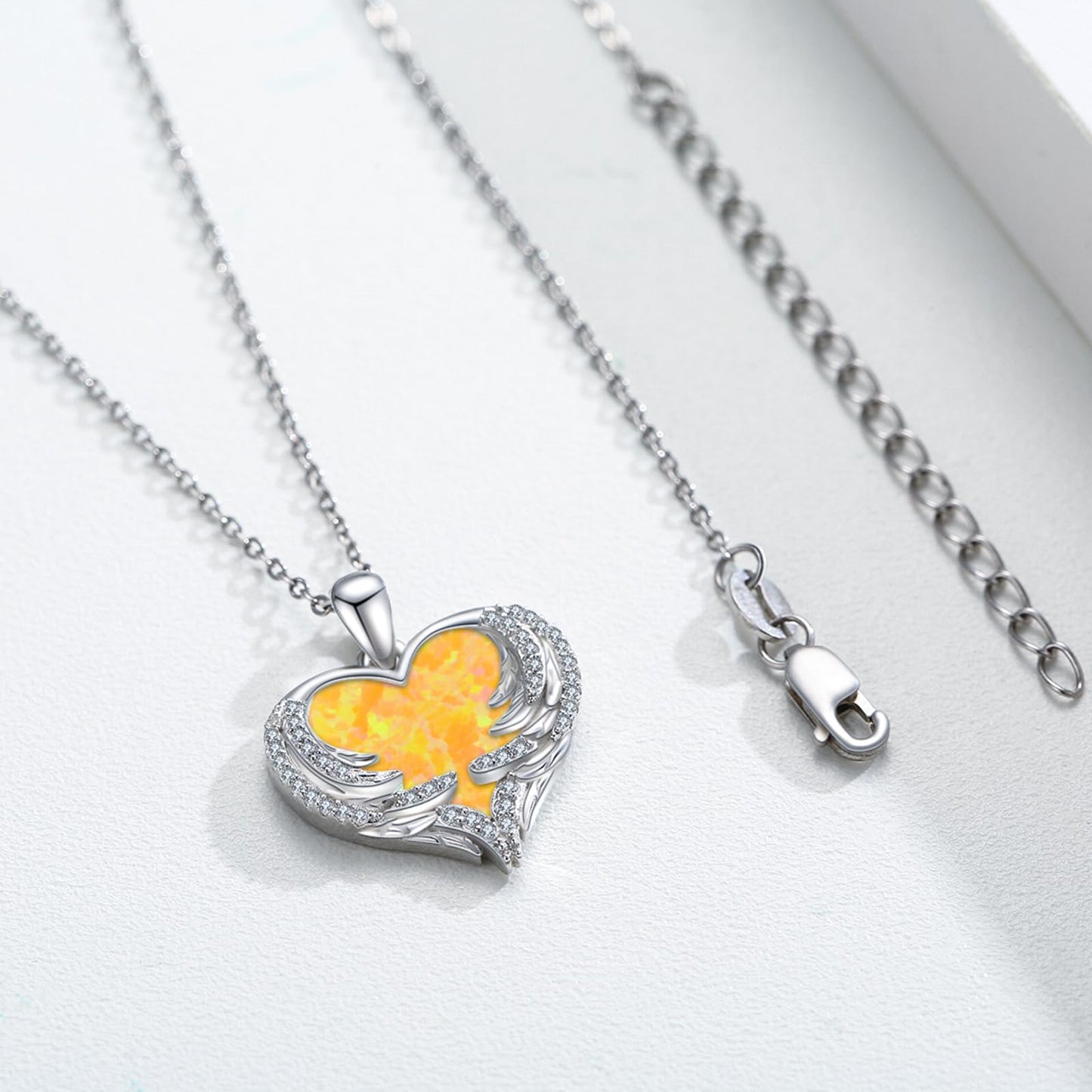 CUOKA MIRACLE Heart Necklace Angel Wing Heart Opal Necklace 925 Sterling Silver Women Necklace Guardian Angel Wings Pendant Necklace Dainty Opal Jewelry Birthday Gifts for Mom Women (Yellow Opal Wings)