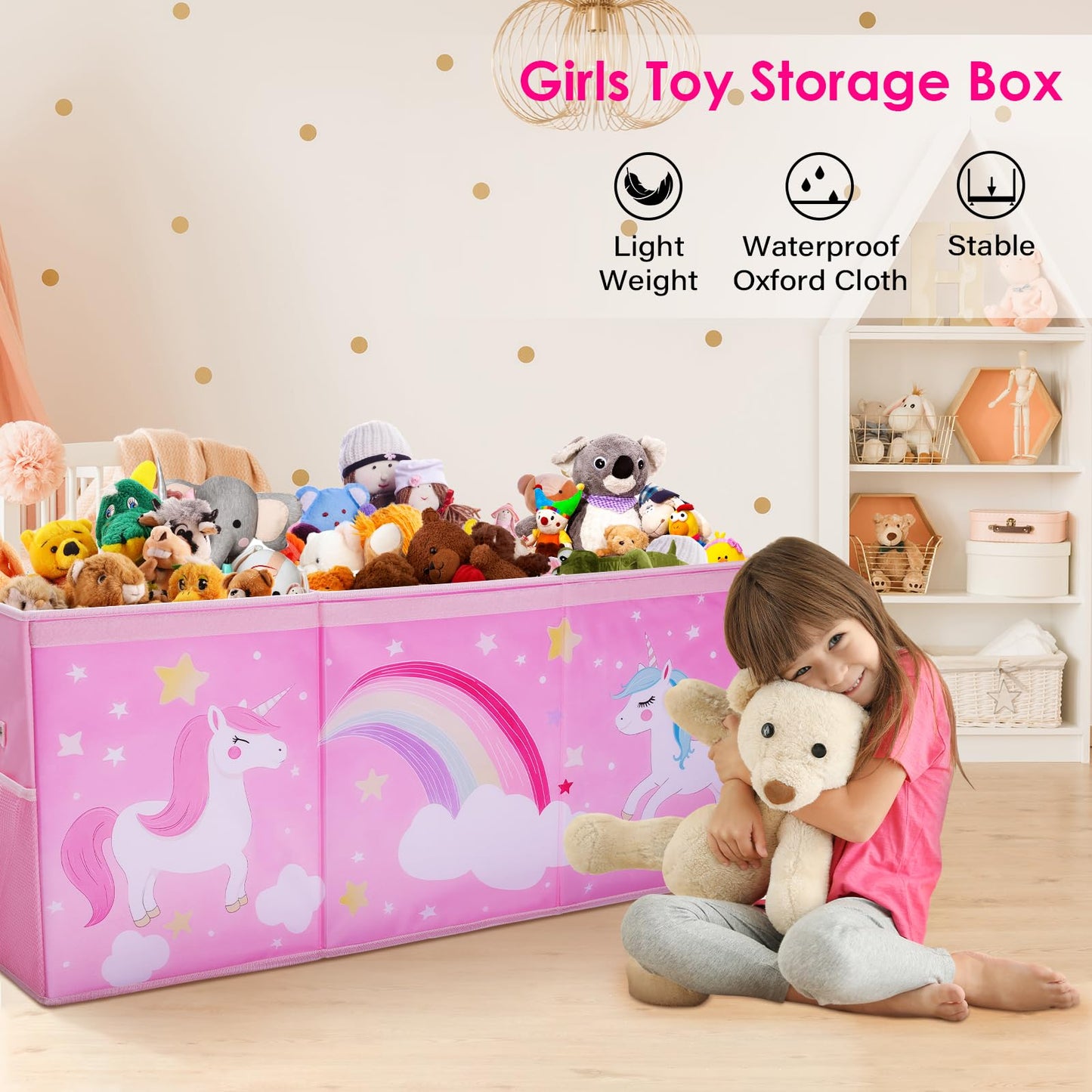 decalsweet Unicorn Extra Large Toy Box Chest with Flip Lid for Kids, Collapsible Oxford Toy Storage Box with Handles Mesh Pockets, Sturdy Waterproof Toy Box for Bedroom Playroom, 37.7×12.5×15.7 Inch