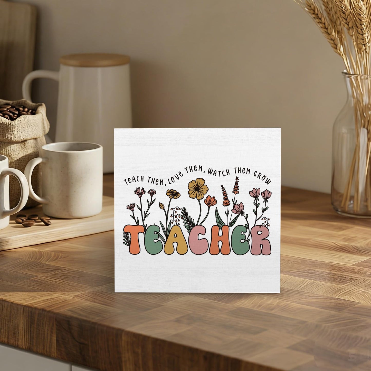 GWOKPAAI Boho Teacher Floral Wooden Box Signs Desk Decor, Teacher Appreciation Gifts, End of the Year Teachers Gifts Wooden Signs Desk Decorations for Home Office Workplace Tabletop Shelf Wall, 5x5in
