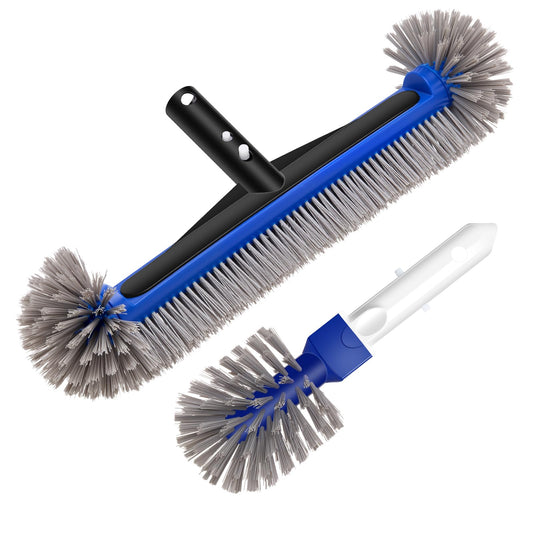 17.4'' Swimming Pool Brush Head with Round Ends, EZ Clip Aluminum Handle, Heavy Duty Pool Brushes for Clean Swimming Pools Faster, Extra Corner Brush Head for Clean Pool Steps & Corners