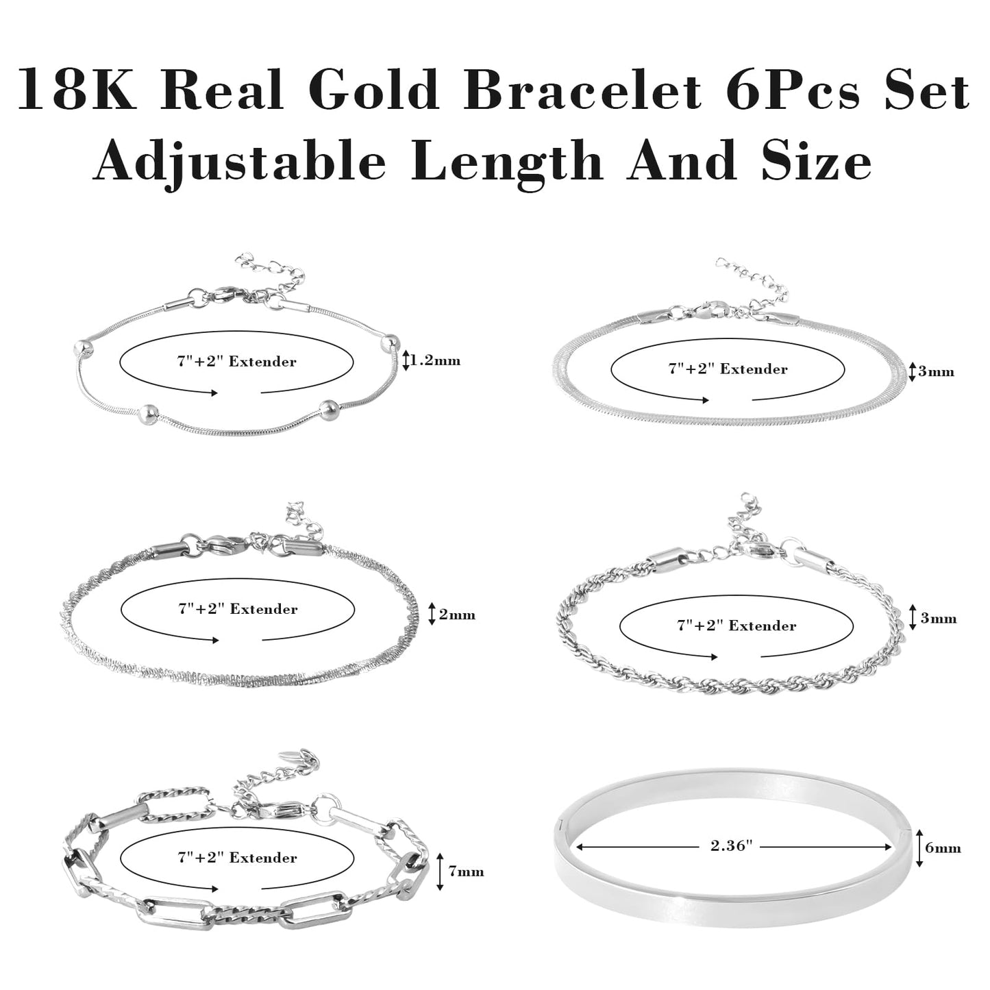 Gold Bracelets for Women, Exquisite 18K and 14K Real Gold-Plated Bracelet Stacking Sets, Waterproof Cuban Chains, Paperclip Chain , Cuff Bangles, Non Tarnish,Jewelry Gifts for Women (18Ksilver 6)