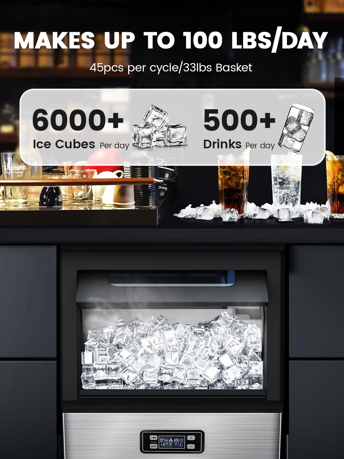 Commercial Ice Maker Machine, 100lbs/24H Stainless Steel Ice Machine with 33lbs Storage Capacity, Auto Self-Cleaning Freestanding Ice Maker, Ice Machine Freestanding for Bar/Cafe/Restaurant