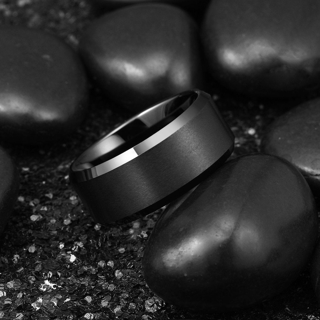 King Will 10mm Men's Black Wedding Ring - Brushed Matte Surface, Beveled Polished Edge, Comfort Fit Size 12