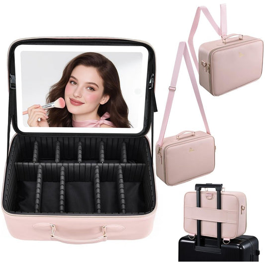 Faquenc Large Makeup Bag with LED Mirror,15”Cosmetic Train Case for Makeup Artists,Travel Makeup Organizer Case w Divider Rechargeable Vanity Mirror with 3 Color Lights for Barber,MUA,Nail Tech, Pink