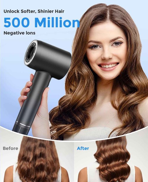 Hair Dryer, Negative Ionic Blow Dryer with 160000 RPM Professional High-Speed Blow Dryer, Brushless Motor for Fast Drying, Low Noise Thermo-Control Hairdryer with Magnetic Nozzle (Black)