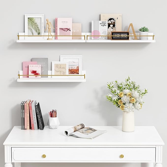 Forbena Gold Floating Shelves for Wall Decor Set of 3, Bathroom Shelves Over Toilet, Modern Display Wall Shelf with Guard Rail for Living Room Bedroom Organizers and Storage - White and Gold