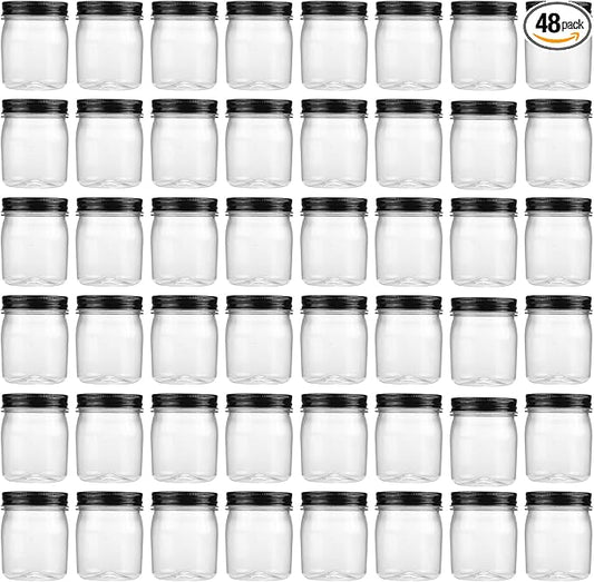 novelinks 8 oz Clear Plastic Jars with Airtight Lids, 48 Pack Plastic Mason Jars with Lids 8oz, Refillable Storage Slime Containers & Small Spice Jar for Kitchen Organization (48 Pack,Black)