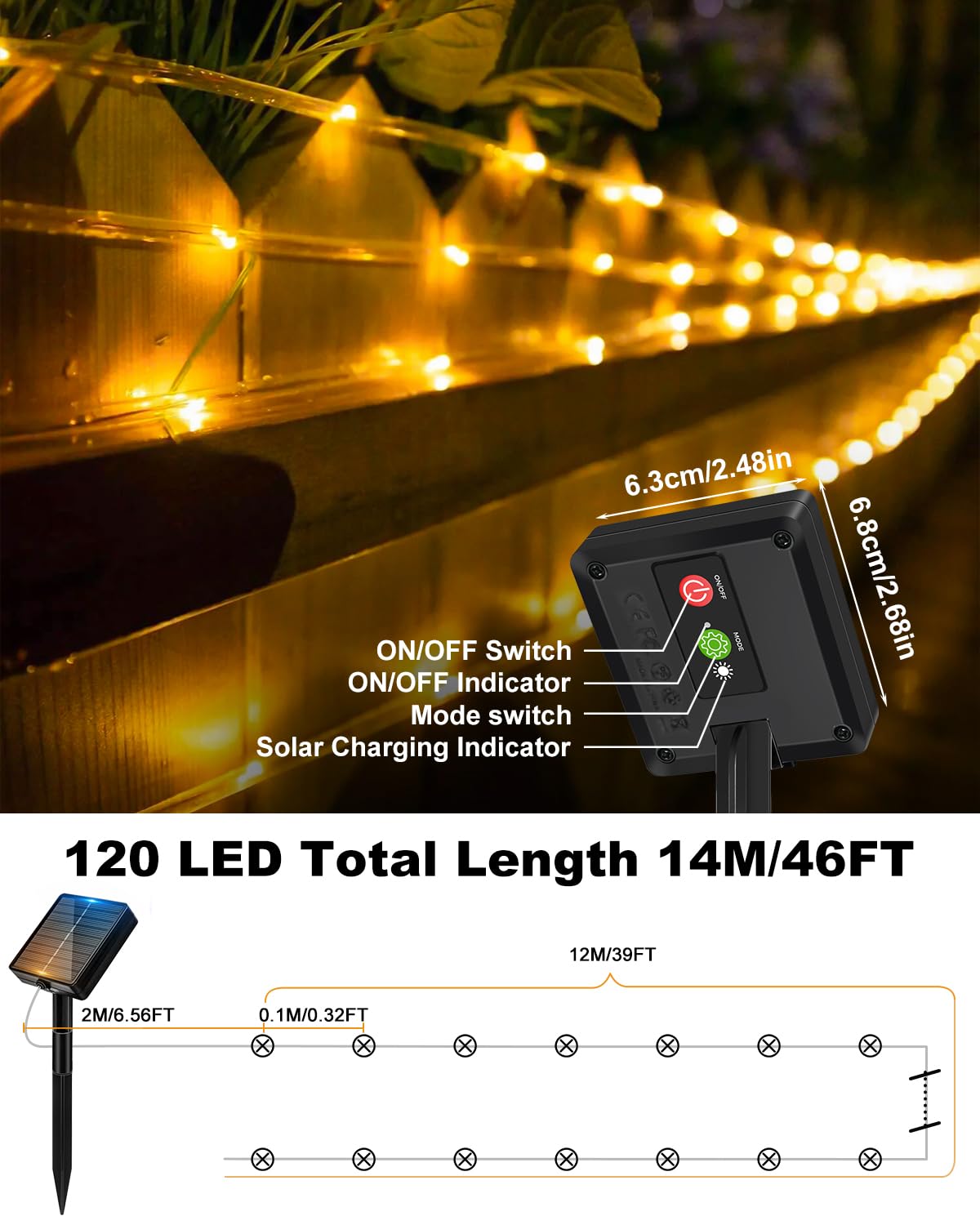 btfarm Solar Rope Lights, 120LED 46FT Solar String Lights Outdoor Waterproof, 8 Lighting Modes Solar Powered Strip Tube Light for Outside Garden Tree Christmas Yard Patio Wedding Decor, Warm White