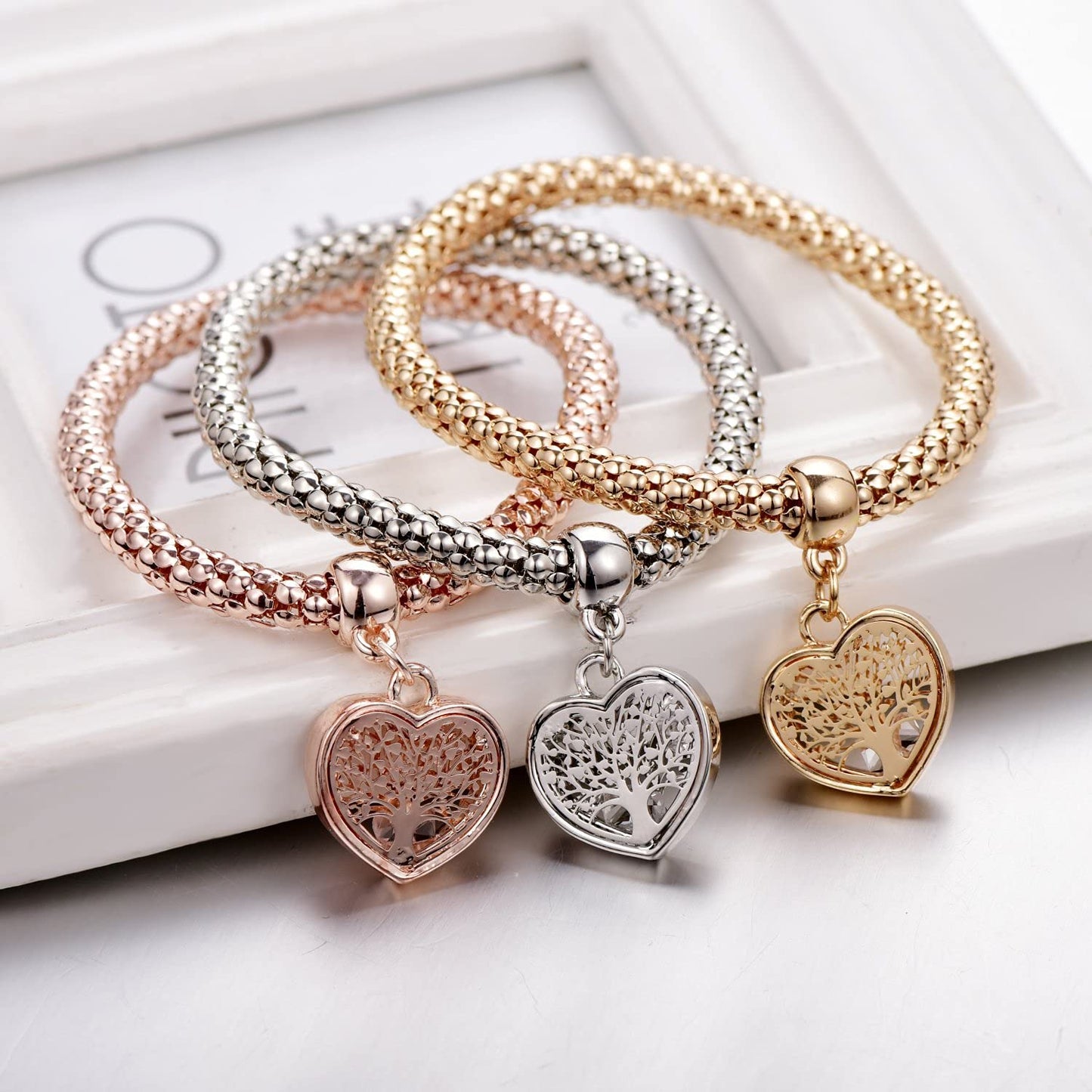SILANER Crystal Charms Multilayer Bracelets - 3PCS Gold/Silver/Rose Gold Corn Chain Bracelet for Women, Tree of Life Heart Shaped Stretch Bracelet(TREE OF LIFE HEART EDITION CHARM)