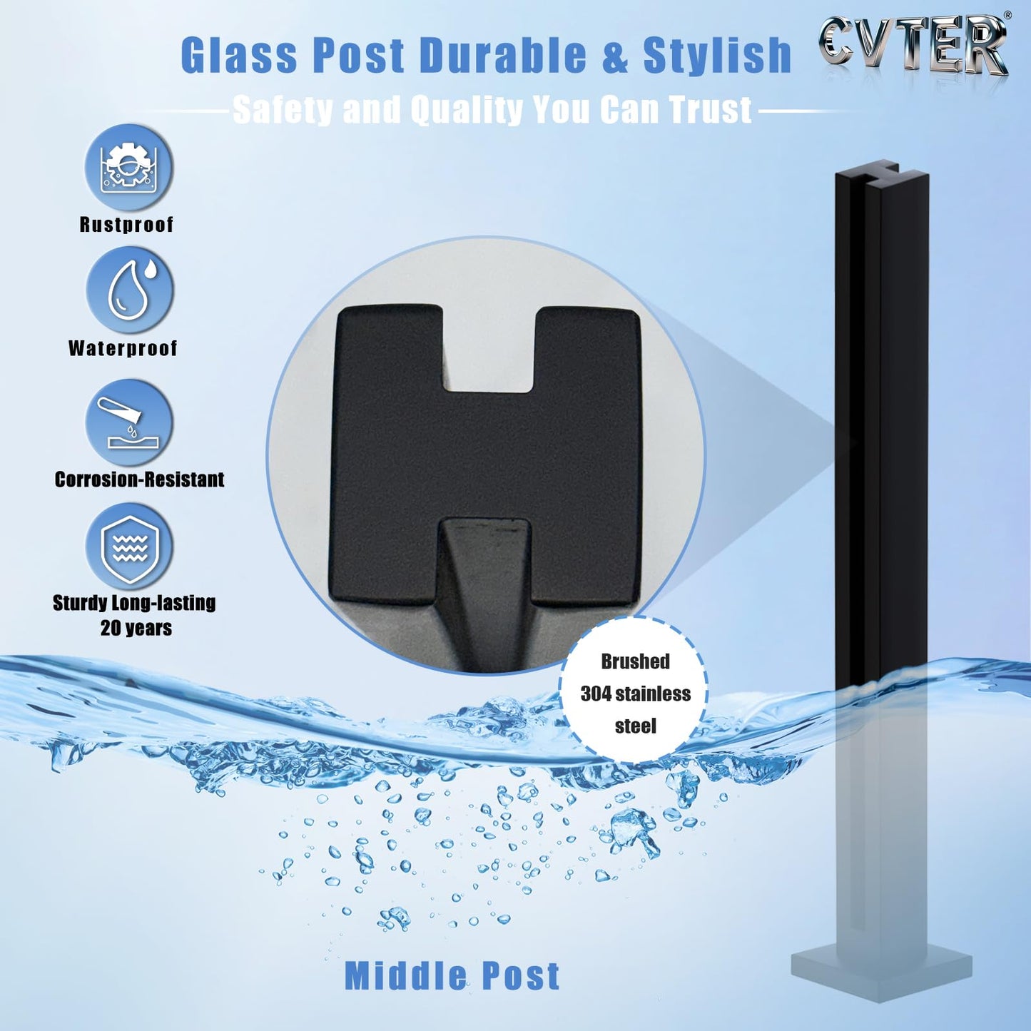 Cvter Glass Railing Post, 24/31/35/41/47 inches, 304 Stainless Steel Glass Railing System with Slots, Heavy Duty Spigot Clamp for Deck Balustrade, Balcony, Patio, Pool Black 24in Mid Post