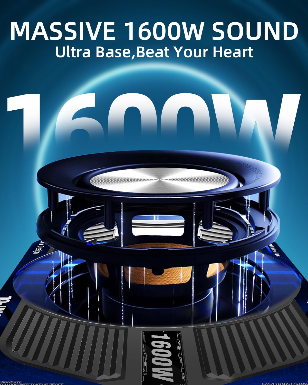 SUBPULSIX 1600W Slim Underseat Car Subwoofer and Amp Package, Powered Subwoofer Car Audio with Built-in Class D Amplifier, Subsonic Deep Bass, Cast Aluminum, LED Ambient Light Switch,for Truck SUV Car