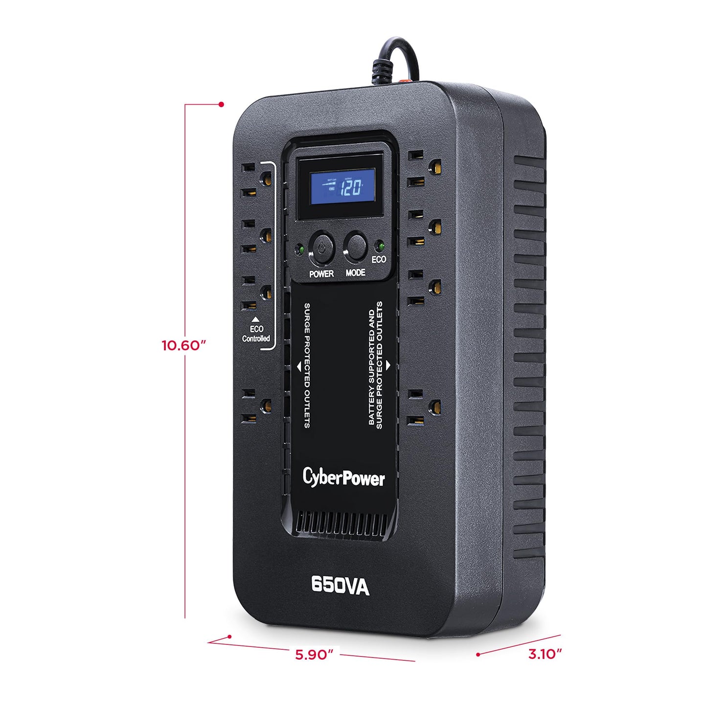 CyberPower EC650LCD Ecologic UPS Battery Backup and Surge Protector, 650VA/390W, 8 Outlets, ECO Mode, Compact, UL Certified