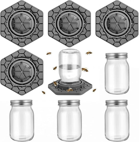 4 Pack Bee Feeder for Mason Jar Bee Watering Station Garden Silicone Sugar Water Feeder Beekeeping Drinking Equipment Tools with Mason Jars for Drinking Water (Grey)