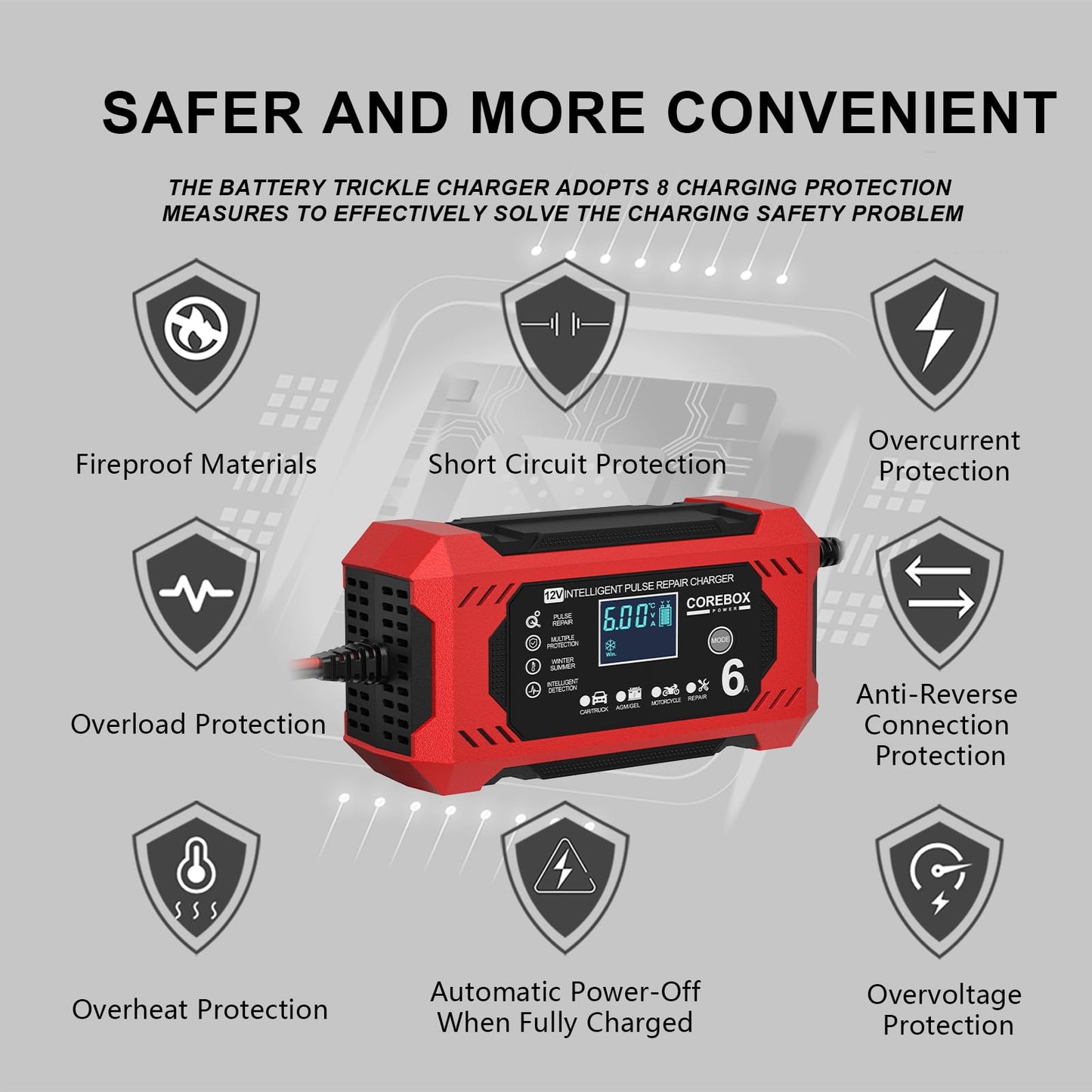 Corebox Battery Charger 6-Amp 12V Automatic Smart Battery Trickle Charger, Battery Maintainer Desulfator with Temperature Compensation for Car Truck Motorcycle Lawn Mower Marine
