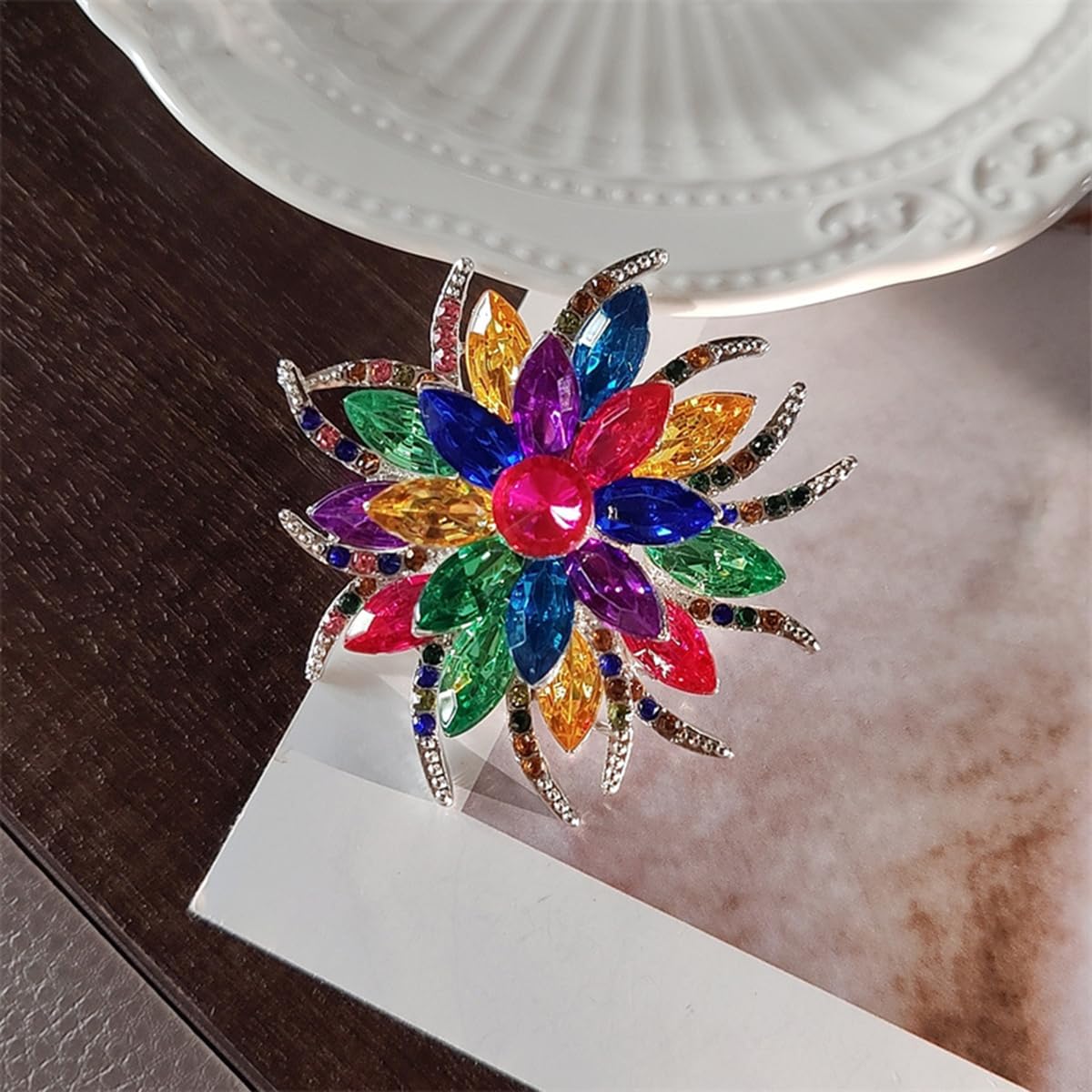Rhinestone Sunflower Brooch Pin for Women Red Black Purple Large Flower Brooch Snowflake Hat Marquise Wreath Christmas Jewelry (Color D)