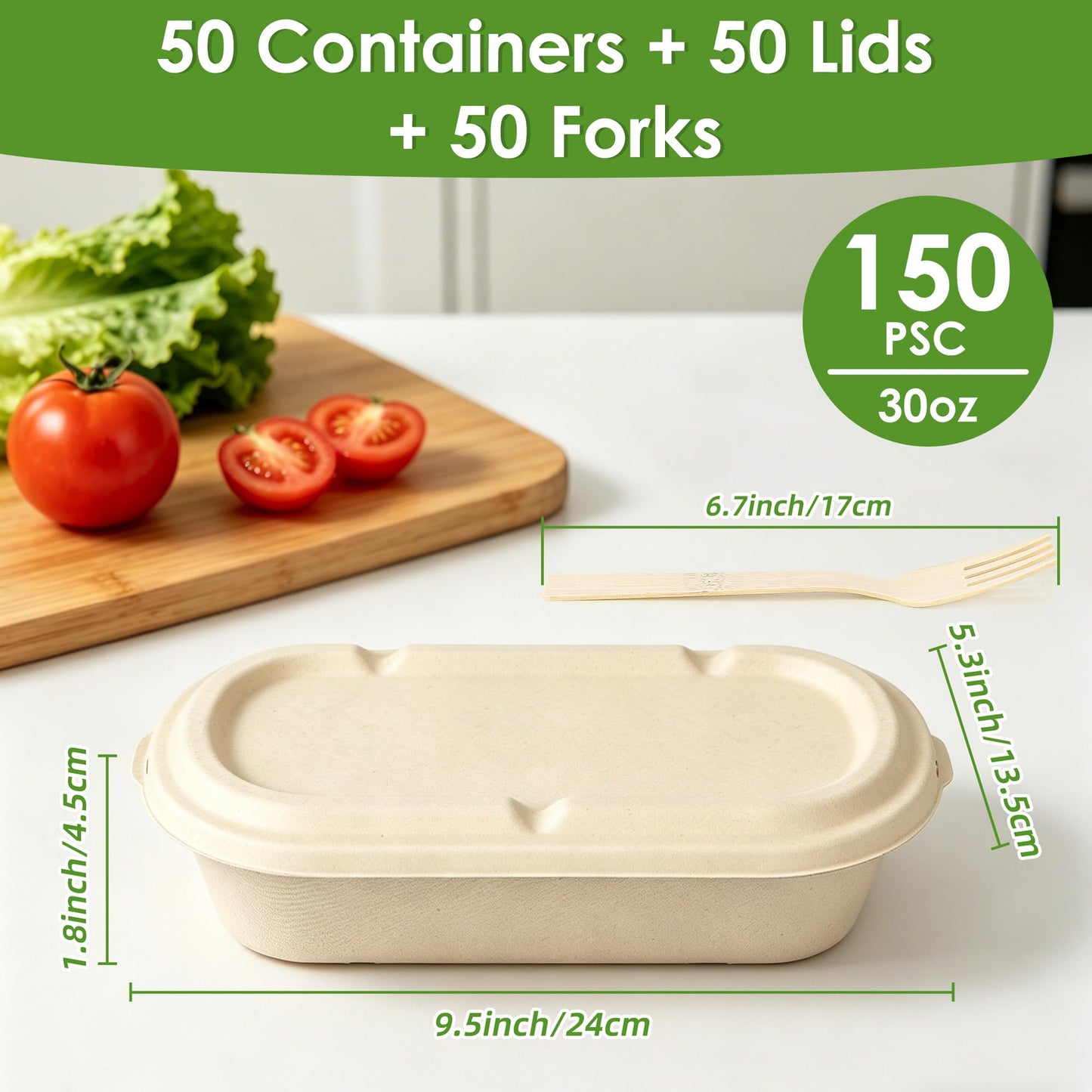 FEHHTO 50-Pack 30oz Disposable Meal Prep Containers with Lids, Sugarcane Pulp Compostable Food Containers + 50 Bamboo Forks, To-Go Food Containers, Microwave & Freezer Safe for Hot or Cold Foods