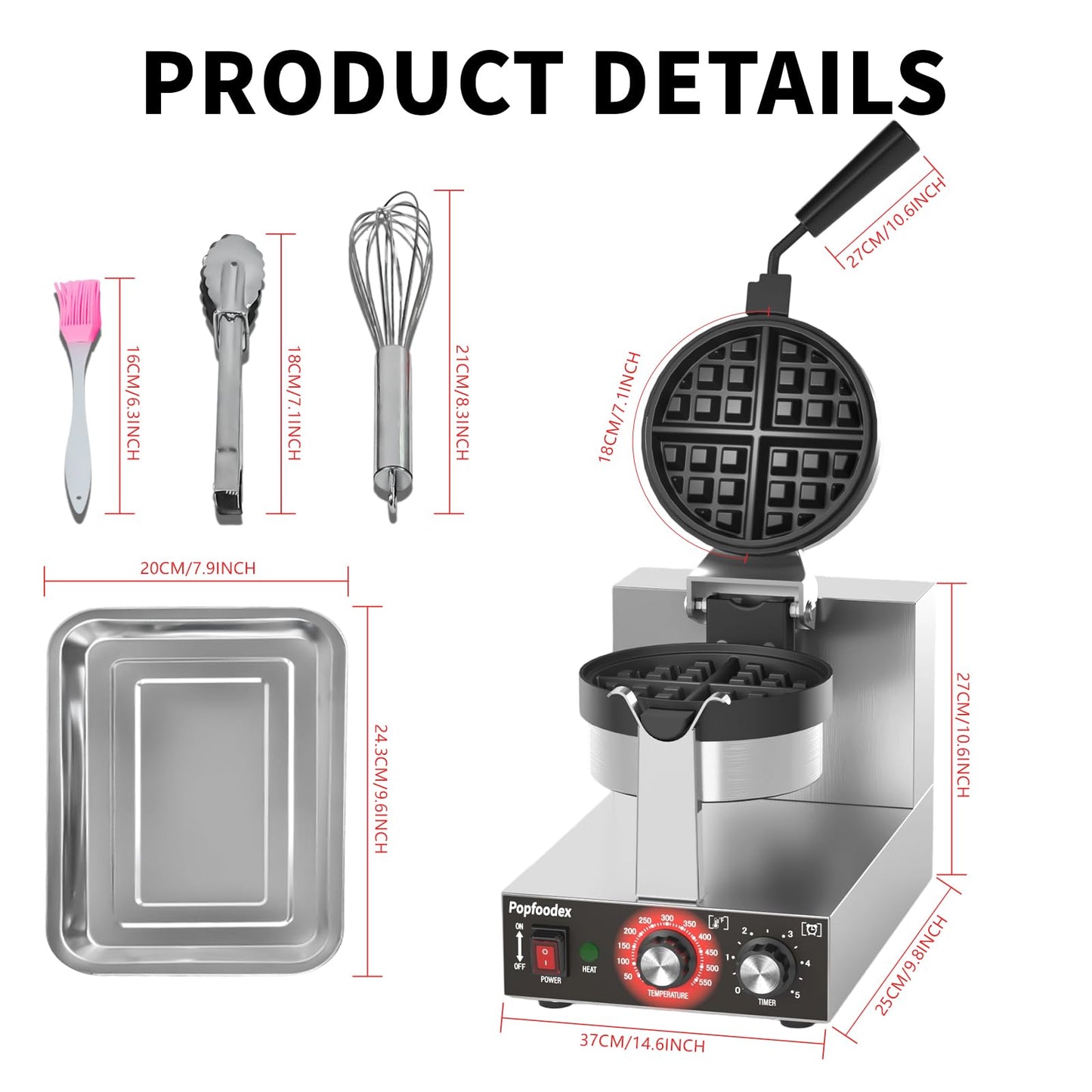 POPFOODEX Belgian Waffle Maker, 110V Industrial Waffle Maker w/Non-Stick Coating and Adjustable Temperature (122-572°F), 1200W Rotary Commercial Waffle Machine w/Timer, Restaurants and Food Trucks