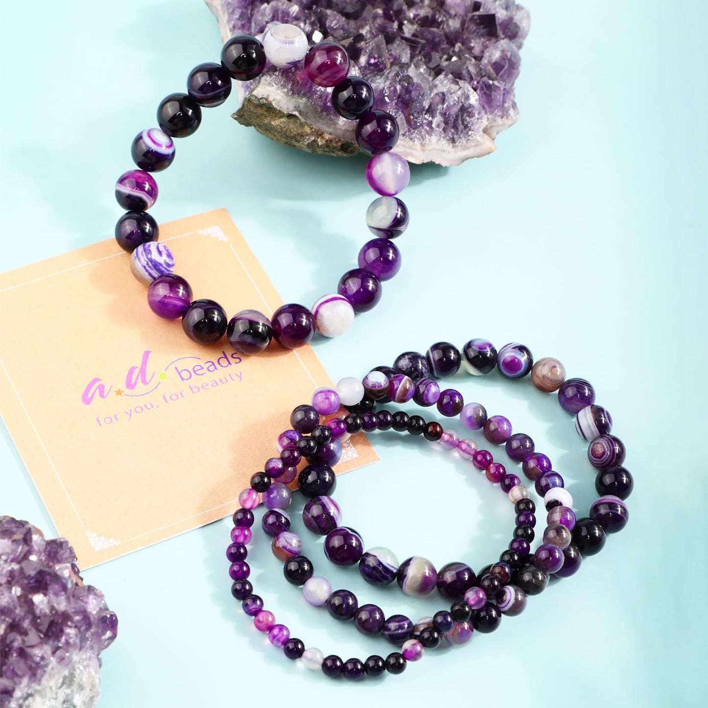AD Beads 4mm Handmade Purple Stripe Agate Elastic Bracelet – Natural Gemstone for Peace and Tranquility – Meditation, Yoga, Healing and Energy Gift for Men Women