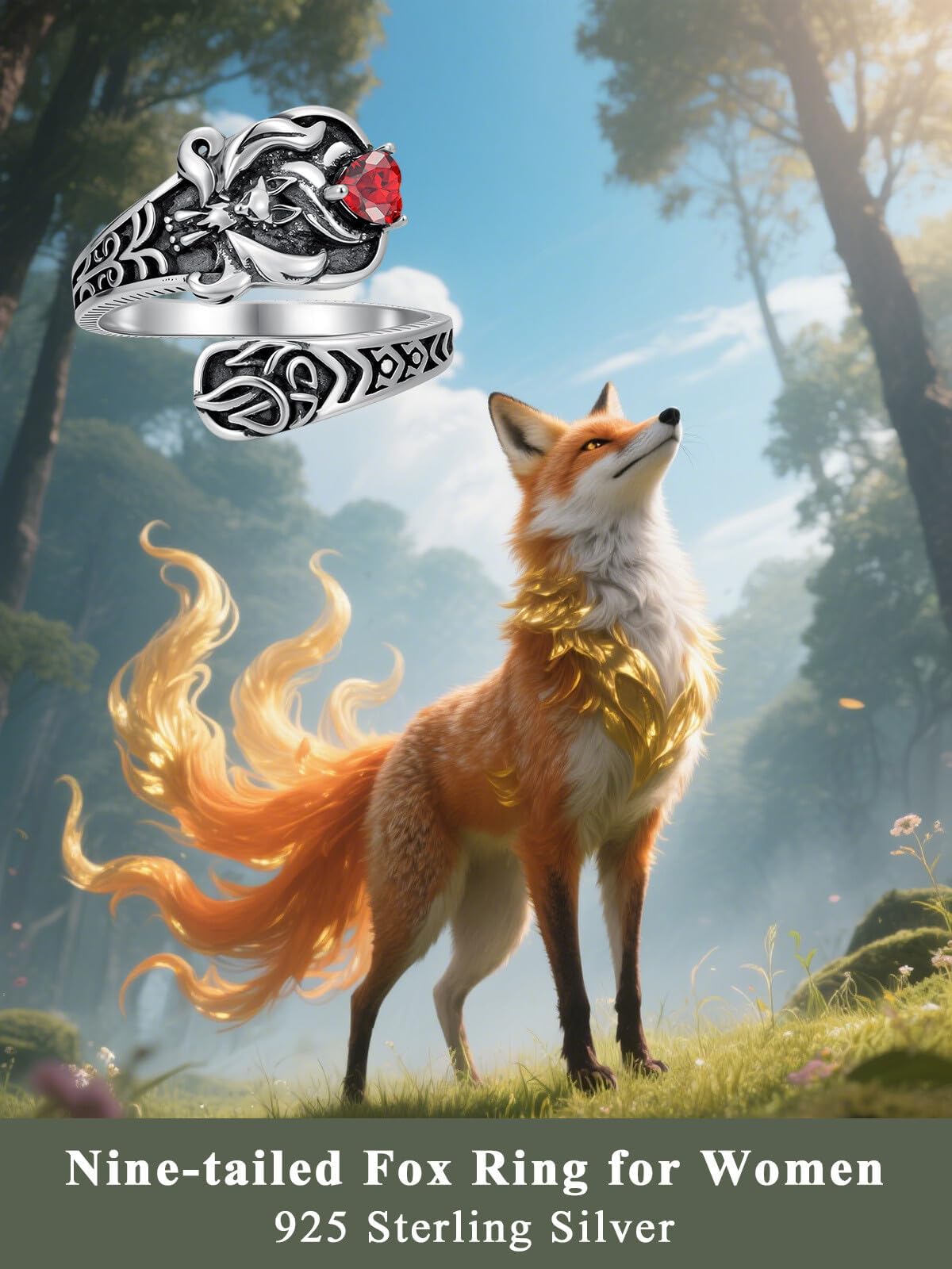 Midari Red Nine-Tailed Fox Spoon Rings for Women 925 Sterling Silver Adjustable Scotland Celtic Knot Flame Rings Open Spoon Thumb Rings Fox Jewelry for Women Men