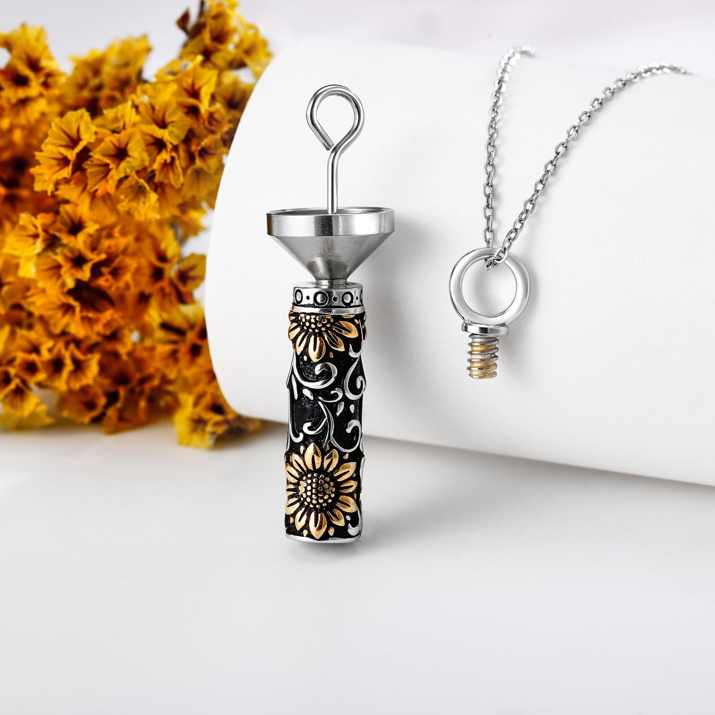 POPLYKE Sunflower Filigree Urn Necklace for Ashes for Women Sterling Silver Cremation Necklace for Ashes Keepsake Jewelry for Human Men