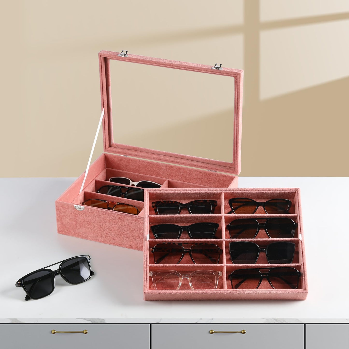 Frebeauty 16 Slots Sunglasses Organizer,2 Layer Velvet Sunglasses Tray with Glass Lid,Multiple Pairs Sunglass Display Case for Man or Woman,137 * 10.25 * 4.1 Inches Eyeglass/Eyewear Box (Pink)
